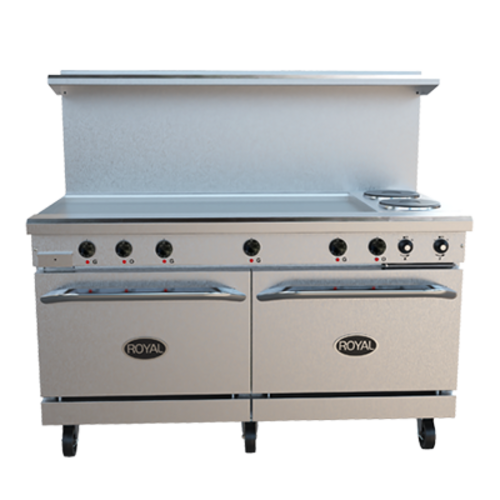 Royal Range RRE-2GT48-C 60" W Stainless Steel 2 Round Hotplates, 1 Griddle, 1 Standard Oven, and 1 Convection Oven Electric Restaurant Range - 208 Volts