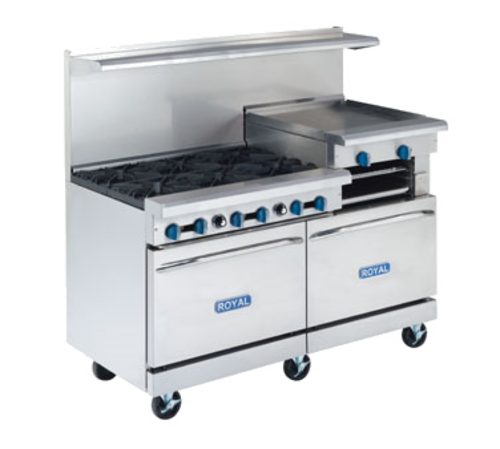 Royal Range RR-6G24-C-NG 60" W Stainless Steel 6 Open Burners, 1 Griddle, 1 Convection and 1 Standard Oven Natural Gas Restaurant Range - 285,000 BTU