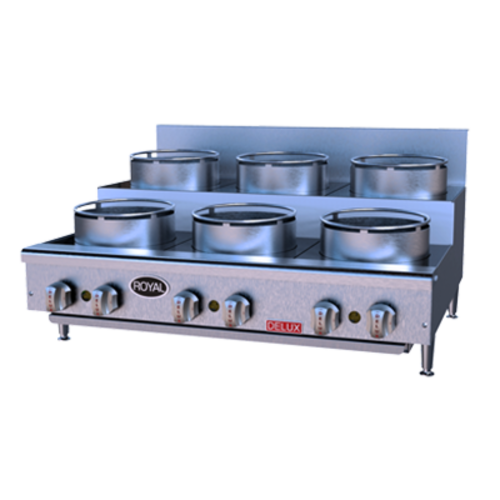 Royal Range ORSU-424 12" W Stainless Steel Countertop 4 Burners Step Up Natural Gas Flex-System Wok Range - 120,000 BTU