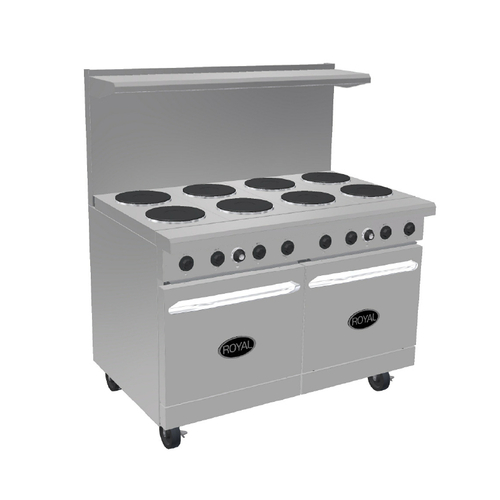 Royal Range RRE-4GT24 48" W Stainless Steel 4 Round Hotplates, 1 Griddle, and 2 Space Saver Ovens Electric Restaurant Range - 208 Volts
