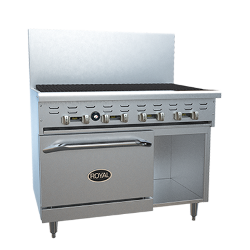 Royal Range RR-48RB-126C-NG 48" W Stainless Steel 1 Charbroiler, 1 Convection Oven, and 1 Cabinet Natural Gas Restaurant Range - 150,000 BTU