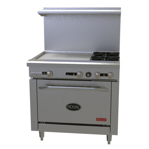 Royal Range RDR-4RG12 36" W Stainless Steel 4 Open Burners, 1 Griddle and 1 Convection Oven Natural Gas Restaurant Range Delux Series - 170,000 BTU