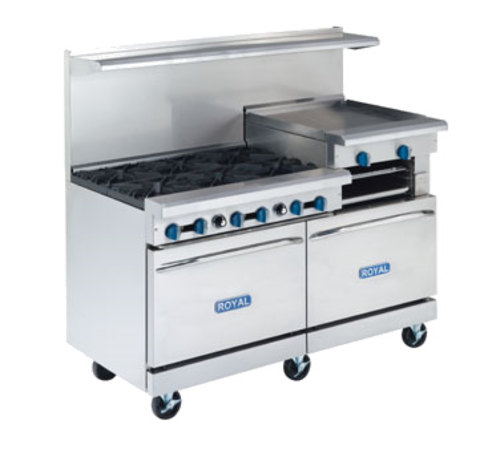 Royal Range RR-6RG24-C-NG 60" W Stainless Steel 6 Open Burners, 1 Griddle, 1 Convection and 1 Standard Oven Natural Gas Restaurant Range - 285,000 BTU