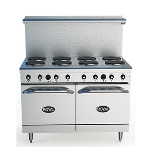Royal Range RRE-8 48" W Stainless Steel 8 Round Hotplates and 2 Space Saver Ovens Electric Restaurant Range - 208 Volts