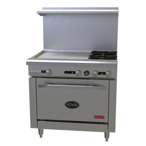 Royal Range RDR-4RG12 36" W Stainless Steel 4 Open Burners, 1 Griddle and 1 Standard Oven Liquid Propane Restaurant Range Delux Series - 175,000 BTU