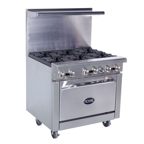 Royal Range RR-4-36 36" W Stainless Steel 4 Open Burners and 1 Standard Oven Liquid Propane Restaurant Range - 155,000 BTU