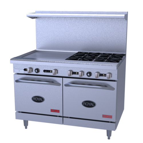 Royal Range RDR-4G24-NG 48" W Stainless Steel 4 Open Burners, 1 Griddle, and 2 Space Saver Ovens Natural Gas Restaurant Range - 214,000 BTU