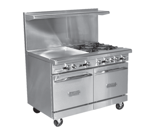 Royal Range RR-4RG12 36" W Stainless Steel 4 Open Burners, 1 Griddle and 1 Standard Oven Natural Gas Restaurant Range - 175,000 BTU