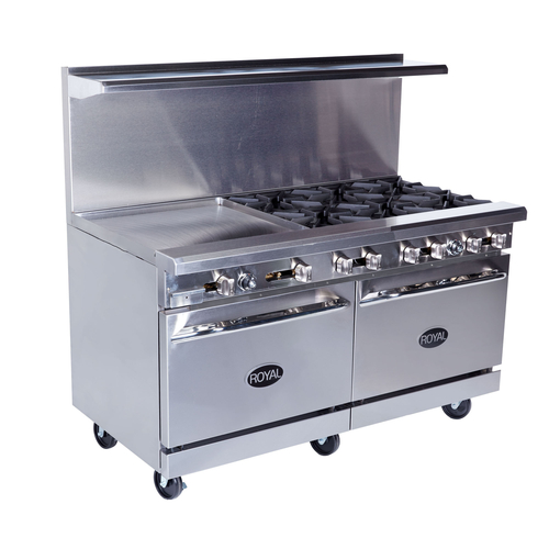 Royal Range RR-6G12-126C-NG 48" W Stainless Steel 6 Open Burners, 1 Griddle, 1 Convection Oven, and 1 Cabinet Natural Gas Restaurant Range - 230,000 BTU