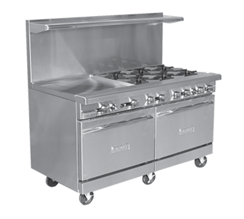 Royal Range RR-4G36-NG 60" W Stainless Steel 4 Open Burners, 1 Griddle and 2 Standard Ovens Natural Gas Restaurant Range - 250,000 BTU