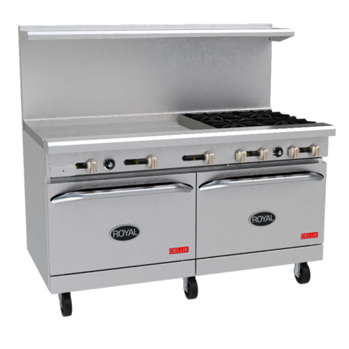 Royal Range RDR-4G36-C-LP 60" W Stainless Steel 4 Open Burners, 1 Griddle, 1 Standard Oven, and 1 Convection Oven Liquid Propane Restaurant Range - 245,000 BTU