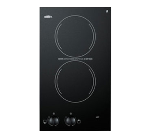 Summit CR2220B 11.88" W Black Ceramic Glass Surface 2 Burners Electric Radiant Cooktop - 230 Volts