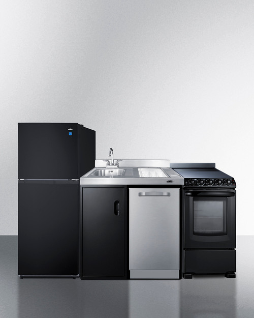 Summit ACK80HT 80" W Stainless Steel and Black Finish with Full Size Refrigerator-Freezer All-In-One Combination Kitchenette