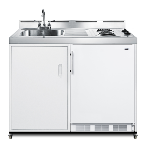 Summit C48ELPUMPMB 47.25" W White Stainless Steel Installed On a Dolly with Four Casters All-In-One Kitchenette - 115 Volts
