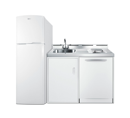 Summit ACKDW721G 72" W OA Stainless Steel and White Finish All-In-One Combination Kitchenette with Dishwasher - 115 Volts