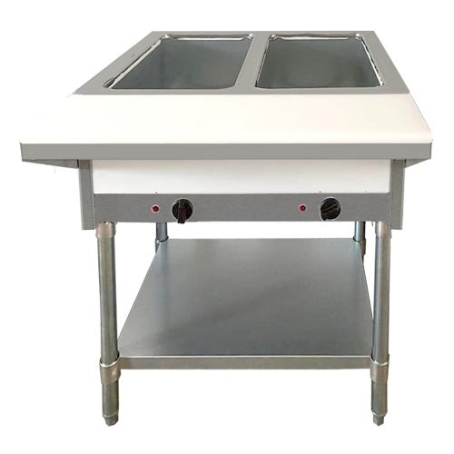 Omcan USA 47342 30" W x 30.04" D x 34.04" H Stainless Steel Natural Gas Steam Table with Cutting Board and Undershelf - 7000 BTU