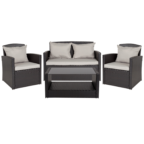 Flash Furniture JJ-S351-GG 4-Piece Black With Metal Frame Rattan Weaved Finish Outdoor Patio Set
