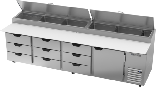 Beverage Air DPD119HC-9 42.2 Cu. Ft. Stainless Steel 4-Section Pizza Top Refrigerated Counter - 115 Volts