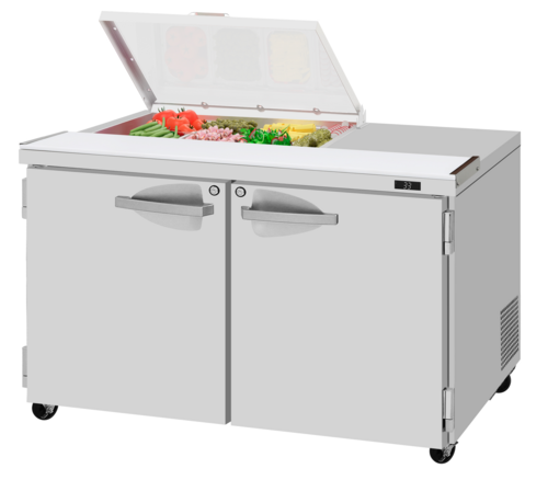Turbo Air PST-48-08S-N-FCL 15 Cu. Ft. Two-Section Two Door PRO Series Sandwich or Salad Prep Work Station with Flat Clear Lid - 115 Volts
