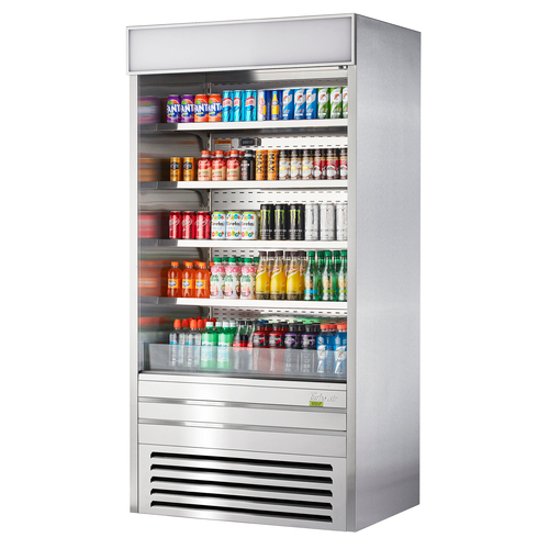 Turbo Air TOM-36ES-N 16.5 Cu. Ft. Stainless Steel 4 Shelves Vertical Air Curtain Open Display Merchandiser - 115 Volts