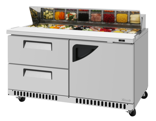 Turbo Air TST-60SD-D2R(L)-FB-N 14.8 Cu. Ft. Two-Section One Door and Two Drawer Super Deluxe Sandwich or Salad Unit - 115 Volts