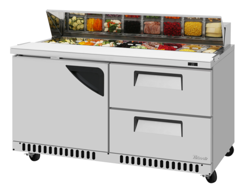 Turbo Air TST-60SD-D2R(L)-FB-N 14.8 Cu. Ft. Two-Section One Door and Two Drawer Super Deluxe Sandwich or Salad Unit - 115 Volts