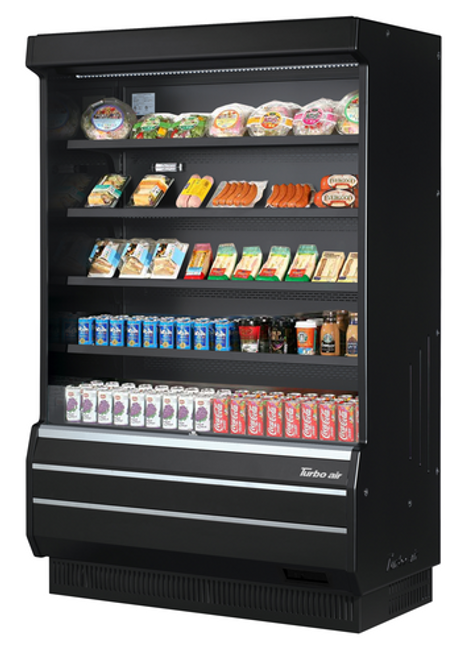 Turbo Air TOM-50B-SP(-A)-N 19 Cu. Ft. Black Stainless Steel 4 Shelves Vertical Air Curtain Open Display Merchandiser - 115 Volts