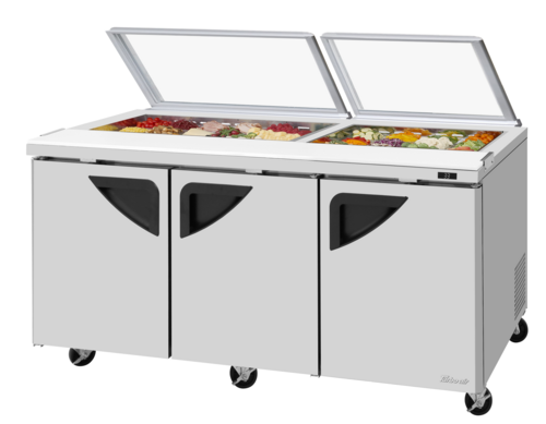 Turbo Air TST-72SD-N-GL 19 Cu. Ft. Three-Section Three Door Super Deluxe Sandwich or Salad Unit with Glass Lid - 115 Volts