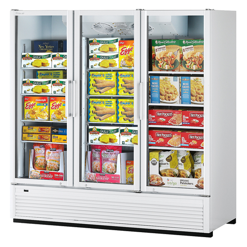 Turbo Air TGF-72SDH-N 62.2 Cu. Ft. White Finish 3-Section Hinged Glass Door Super Deluxe Freezer Merchandiser - 115 Volts