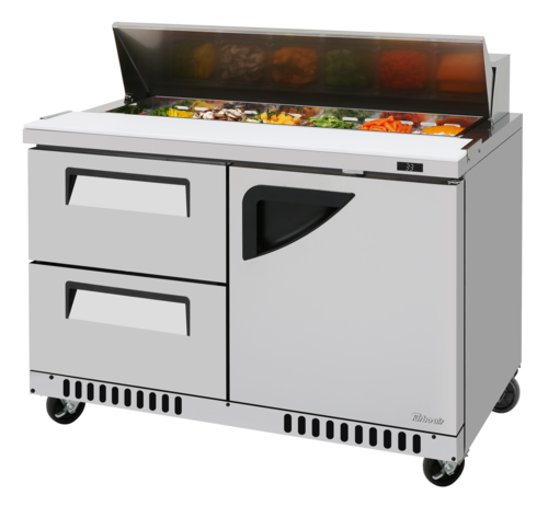Turbo Air TST-48SD-D2R(L)-FB-N 11.1 Cu. Ft. Two-Section One Door and Two Drawer Super Deluxe Sandwich or Salad Unit - 115 Volts