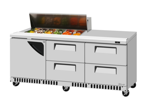 Turbo Air TST-72SD-12S-D4R(L)-FB-N(-LW) 20.5 Cu. Ft. Three-Section One Door and Four Drawer Super Deluxe Sandwich or Salad Prep Work Station - 115 Volts