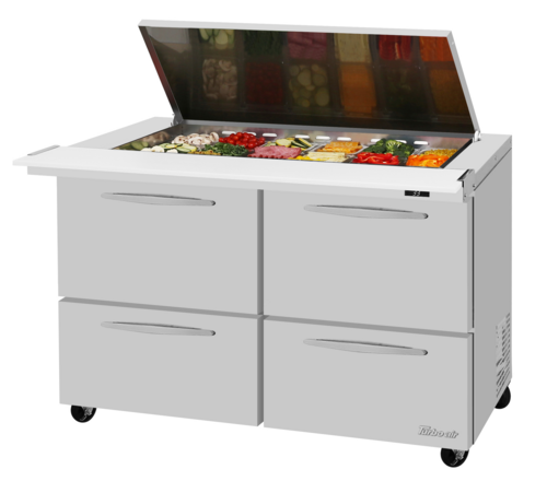 Turbo Air PST-48-18-D4-N-FL 15 Cu. Ft. Two-Section Stainless Steel PRO Series Mega Top Sandwich or Salad Prep Table with Flat Lid - 115 Volts
