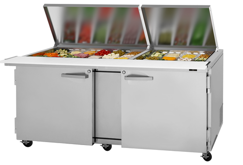 Turbo Air PST-72-30-N-FL 23 Cu. Ft. Two-Section Stainless Steel PRO Series Mega Top Sandwich or Salad Prep Table with Flat Lid - 115 Volts