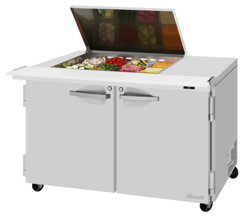 Turbo Air PST-48-12M-N-FL 15 Cu. Ft. Two-Section Stainless Steel PRO Series Sandwich or Salad Mega Prep + Work Station with Flat Lid - 115 Volts