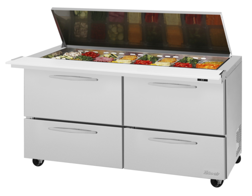 Turbo Air PST-60-24-D4-N-FL 19 Cu. Ft. Two-Section Stainless Steel PRO Series Mega Top Sandwich or Salad Prep Table with Flat Lid - 115 Volts