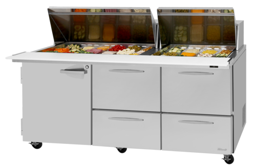 Turbo Air PST-72-30-D4R(L)-N 23 Cu. Ft. Two-Section Stainless Steel PRO Series Mega Top Sandwich or Salad Prep Table - 115 Volts