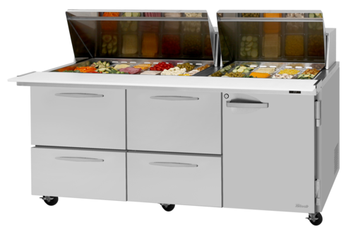 Turbo Air PST-72-30-D4R(L)-N 23 Cu. Ft. Two-Section Stainless Steel PRO Series Mega Top Sandwich or Salad Prep Table - 115 Volts