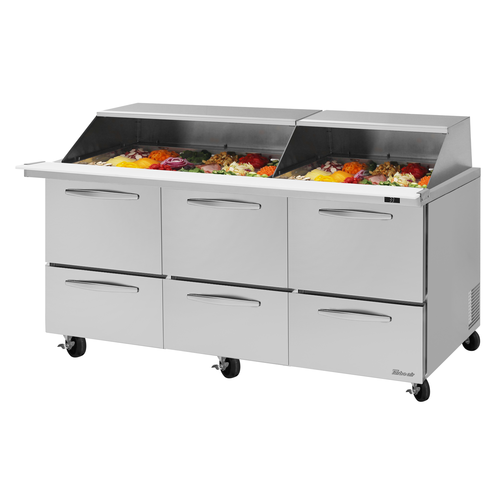 Turbo Air PST-72-30-D6-N-SL 23 Cu. Ft. Three-Section Stainless Steel PRO Series Mega Top Sandwich or Salad Prep Table with Slide Lids - 115 Volts