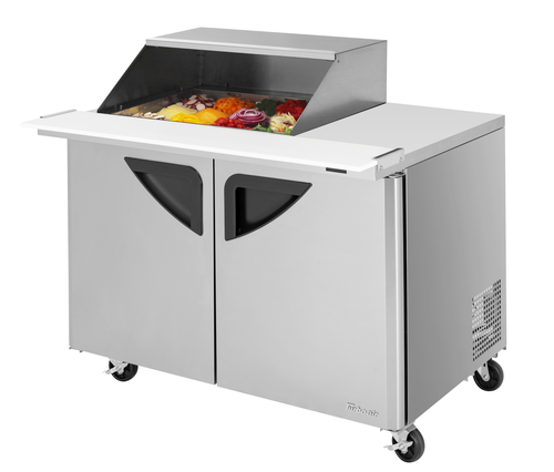 Turbo Air TST-48SD-12M-N-SL(-LW) 15 Cu. Ft. Two-Section Stainless Steel Super Deluxe Sandwich or Salad Mega Top Unit with Slide-Back Lid - 115 Volts