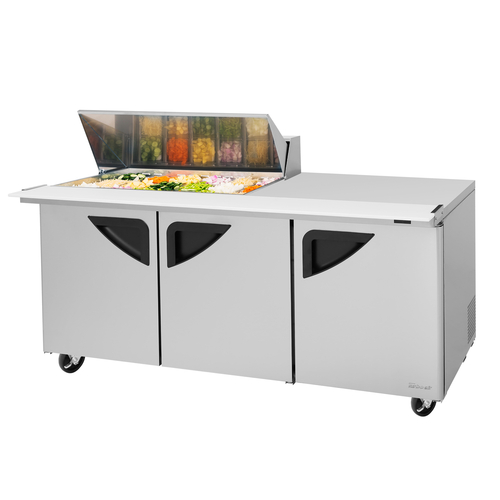 Turbo Air TST-72SD-18M-N(-LW) 23 Cu. Ft. Three-Section Stainless Steel Super Deluxe Sandwich or Salad Mega Top Unit Undercounter Specify Side for Work Station - 115 Volts