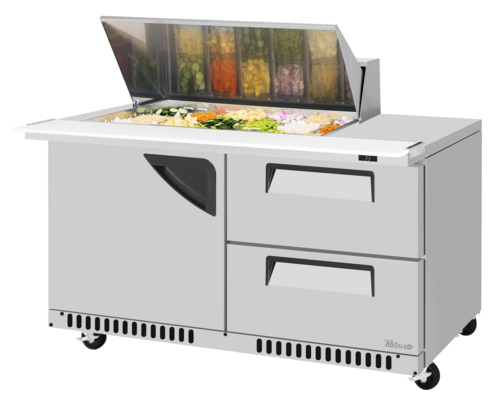 Turbo Air TST-60SD-18M-D2R(L)-FB-N(-LW) 14.8 Cu. Ft. Two-Section Stainless Steel Super Deluxe Sandwich or Salad Mega Top Unit with Slide-Back Lid - 115 Volts
