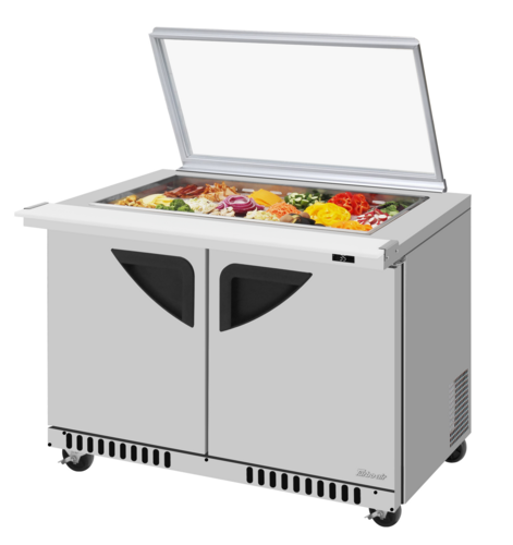 Turbo Air TST-48SD-18-FB-N-GL 11.1 Cu. Ft. Two-Section Stainless Steel Super Deluxe Sandwich or Salad Mega Top Unit with Glass Lid - 115 Volts