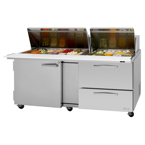 Turbo Air PST-72-30-D2R(L)-N 23 Cu. Ft. Two-Section Stainless Steel PRO Series Mega Top Sandwich or Salad Prep Table - 115 Volts