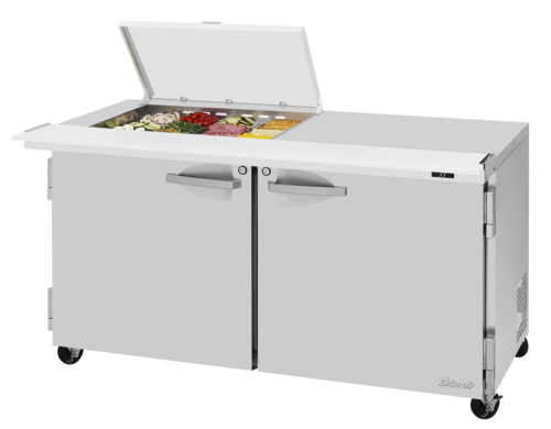 Turbo Air PST-60-12M-N-FCL 19 Cu. Ft. Two-Section Stainless Steel PRO Series Sandwich or Salad Mega Prep Work Station with Flat Clear Lid - 115 Volts