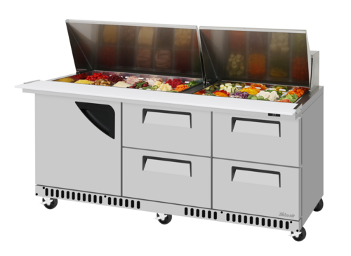 Turbo Air TST-72SD-30-D4R(L)-FB-N 17.6 Cu. Ft. Three-Section Stainless Steel Super Deluxe Sandwich or Salad Mega Top Unit - 115 Volts