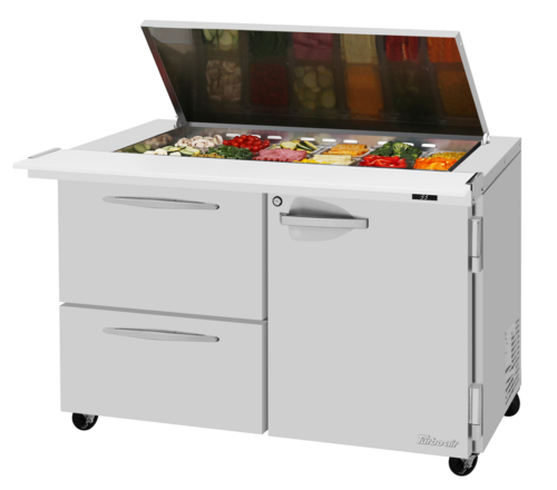 Turbo Air PST-48-18-D2R(L)-N-FL 15 Cu. Ft. Two-Section Stainless Steel PRO Series Sandwich or Salad Mega Top Unit with Flat Lid - 115 Volts
