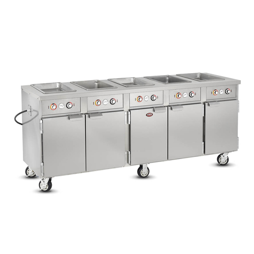 FWE HLC-5W6-7H-35-DRN 86" W Stainless Steel Mobile Handy Line Serving Cabinet - 220-240 Volts