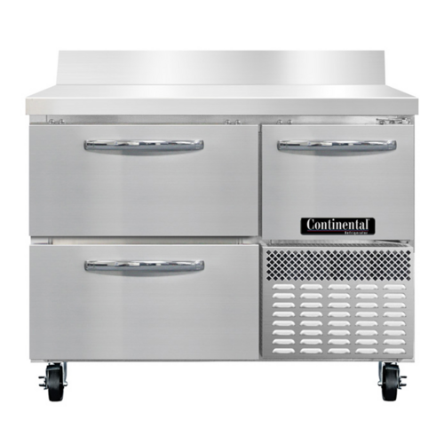 Continental Refrigerator RA43SNBS-D 9.6 Cu. Ft. Stainless Steel 1 Half Door and 2 Drawers Refrigerated Base Shallow Depth Worktop Unit with 6" Backsplash - 115 Volts