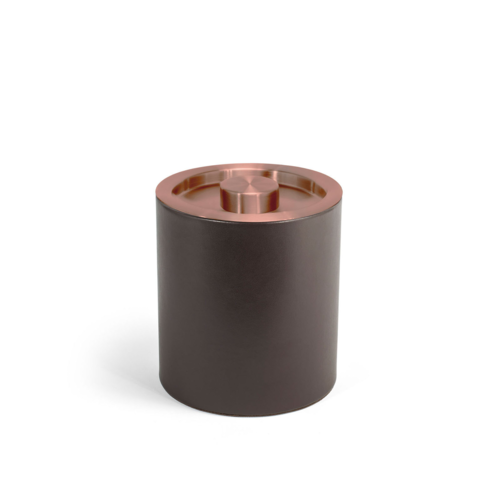 FOH RIB076BRL21 2 Qt. Brown Faux Leather Round Ice Bucket with Lid