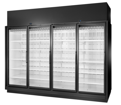 True TRM4M-YN-BLK-WHT-1BLKRRRR-4 127.5" W Black Aluminum 4 Sections Refrigerated Merchandiser - 208-240 Volts